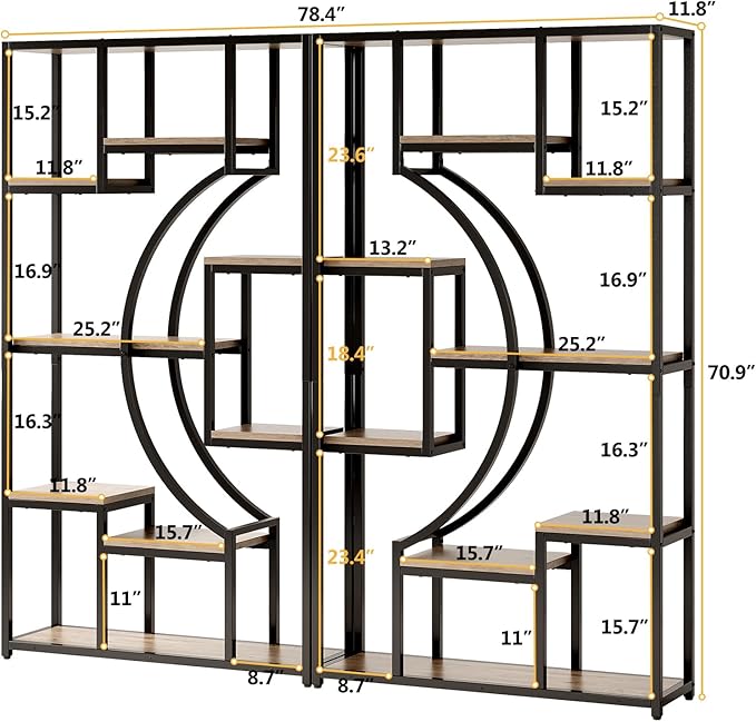 70.8" Tall Bookshelf Set of 2, 79" Wide Geometric Display Shelf with 18 Open Storage Shelves, Scratch-Resistant Gray Wash & Metal Frame, for Living Room, Office, Bedroom – Anti-Tip & Adjustable Feet