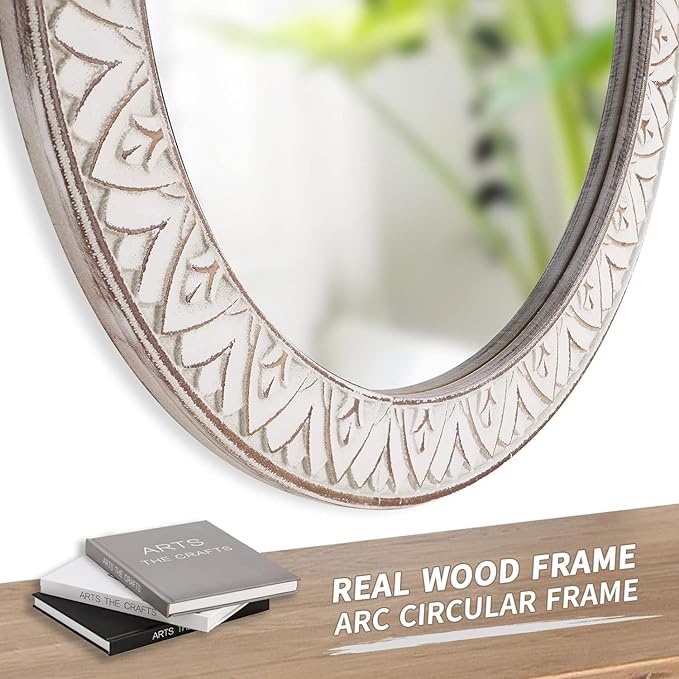 30" Round Wall Mirror, Farmhouse Wooden Frame Circle Mirrors, Rustic Large Decorative Wall Mounted Bathroom Mirror Distressed Hanging Mirrors for Living Room, Bedroom, Entryway, Fireplace, Hall