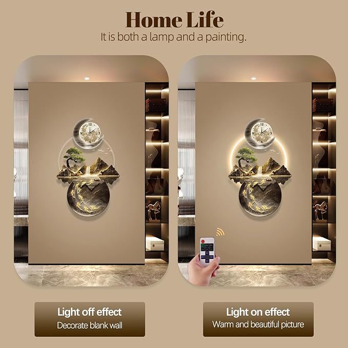 LED Light Art Wall Decor, 3D Art Wall Decor Clock, Decors Walls Sculptures with Lights, Modern Home Decors Landscape Walls Sculpture, Plug-in Power Supply, Gold e, 23x47IN