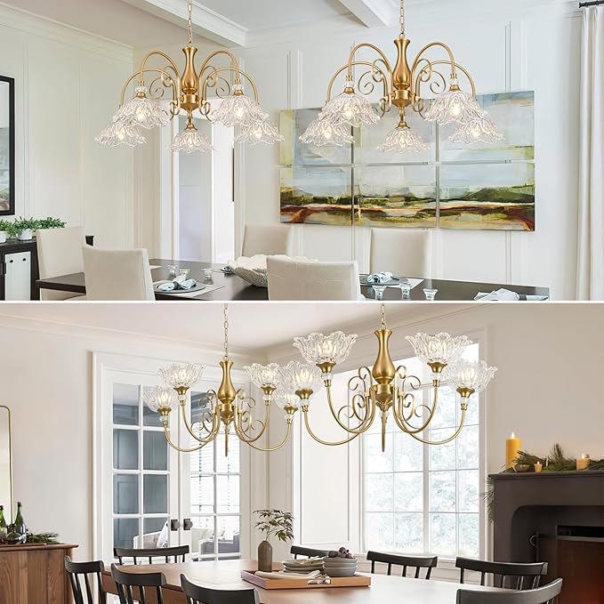 5-Light Vintage Chandeliers in Matte Brass Finish with Crystal Glass Shades, Retro Chandelier Light for Dining Room,Hallway,Kitchen