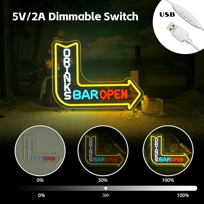 Looklight Drinks Bar Open Neon Sign for Wall Decor Right Arrow LED Light Sign Decoration for Bar Restaurant Man Cave Parties Cart Accessories, Get Your Business Seen Day Or Night