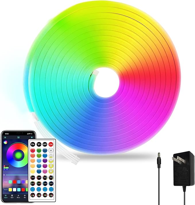 Led Rope Lights 16.4Ft Music Sync IP65 Waterproof Flexible Led Rope Lights 40Key Remote/APP Control, 24V Outdoor RGB Neon Strip Lights for Bedroom Indoor