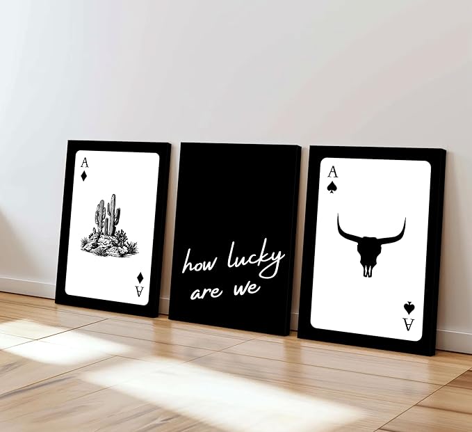 3Pcs Black and White Western Canvas Wall Art Country Southwest Poster Vintage Poker Ace Picture Cactus Bull Skull and How Lucky We Are Painting for Bedroom Living Room 12x16in Framed