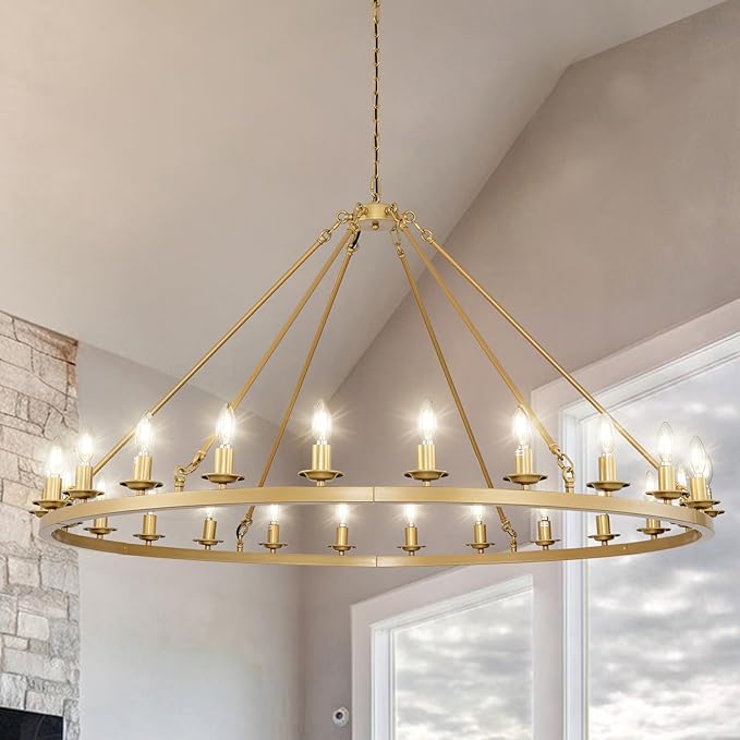 53in Gold Wagon Wheel Chandelier, 24-Light Brass Modern Rustic Large Farmhouse Chandelier Adjustable Height Light for High Ceiling Living Room, Entryways, Foyer, Dining Room