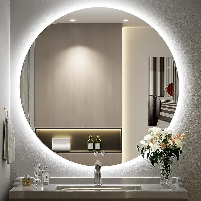 32 Inch LED Backlit Round Mirror for Vanity,Dimmable Lighted Bathroom 6000K Wall Mounted Mirror with Lights,Anti-Fog, Touch Switch and CRI 90+