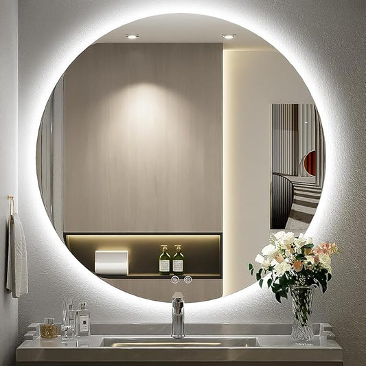 32 Inch LED Backlit Round Mirror for Vanity,Dimmable Lighted Bathroom 6000K Wall Mounted Mirror with Lights,Anti-Fog, Touch Switch and CRI 90+