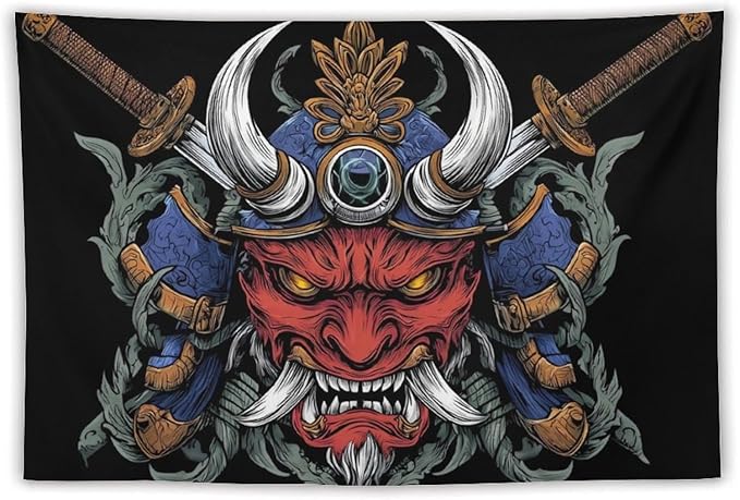 UUKXKUU Oriental Retro Mask Symmetry Samurai Japanese Tapestry Large Wall Art Decor Wall Hanging Flag Backdrop for Living Room Dorm Office Bedroom 40"×60"