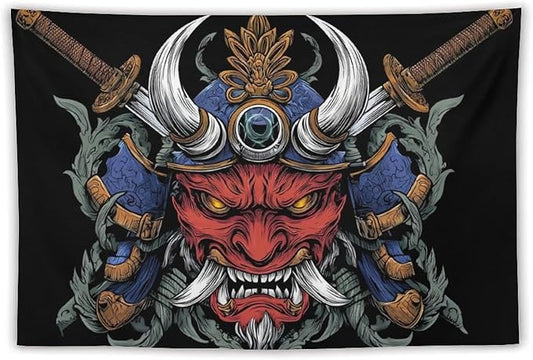 UUKXKUU Oriental Retro Mask Symmetry Samurai Japanese Tapestry Large Wall Art Decor Wall Hanging Flag Backdrop for Living Room Dorm Office Bedroom 40"×60"