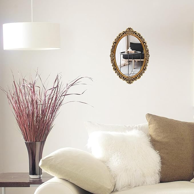 OIGUMR Small Oval Wall Mirror Resin Frame Size：15.7 x 11.2 inch Mirror Vintage Hanging Mirrors for Bedroom Living-Room Dresser Decor Gold