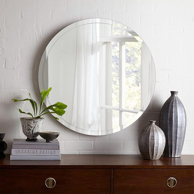 28 inch Beveled Bathroom Mirror, Frameless Round Mirror, 1" Polished Beveled Edge Circle Mirror for Bathroom, Living Room, Bedroom