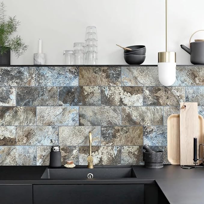 AULIGET 6" x 12" Beige & Brown Slate Peel and Stick Backsplash Wall Tiles, PVC Faux Stone Stick on Tiles for Backsplash Kitchen, Bathroom, Laundry Room, Camper, Fireplace (Pack of 20)