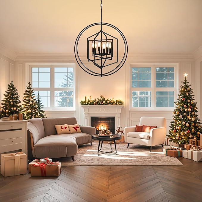 26 Inch Black Chandelier, 6-Light Farmhouse Chandelier for Entryway, Industrial Foyer Lighting Fixtures, Large Chandeliers for High Ceilings, Modern Hanging Pendant Lights for Living Room, Staircase