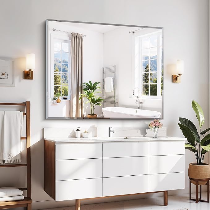 Beveled Bathroom Mirror, 40x48 Inch Large Frameless Mirrors for Wall, Upgraded Shatterproof Rectangle Beveled Vanity Mirror Hangs Horizontally/Vertically for Bedroom, Living Room and Entryway