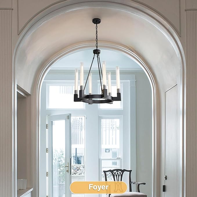 Black Farmhouse Wagon Wheel Chandelier with Glass Tube, 23.6 Inch Large Round 6-Light Luxurious Chandelier Fixture Ceiling Pendant Lighting for Living Room, Dining Room, Bedroom, Foyer