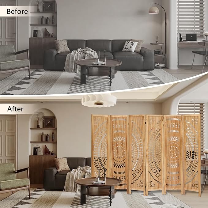 6 Panel Wood Room Divider Fully Assembled, Decorative Room Dividers and Folding Screens, 5.6Ft Room Divider Screen Freestanding Partition Wall Dividers for Home Bedroom Office, Light Brown