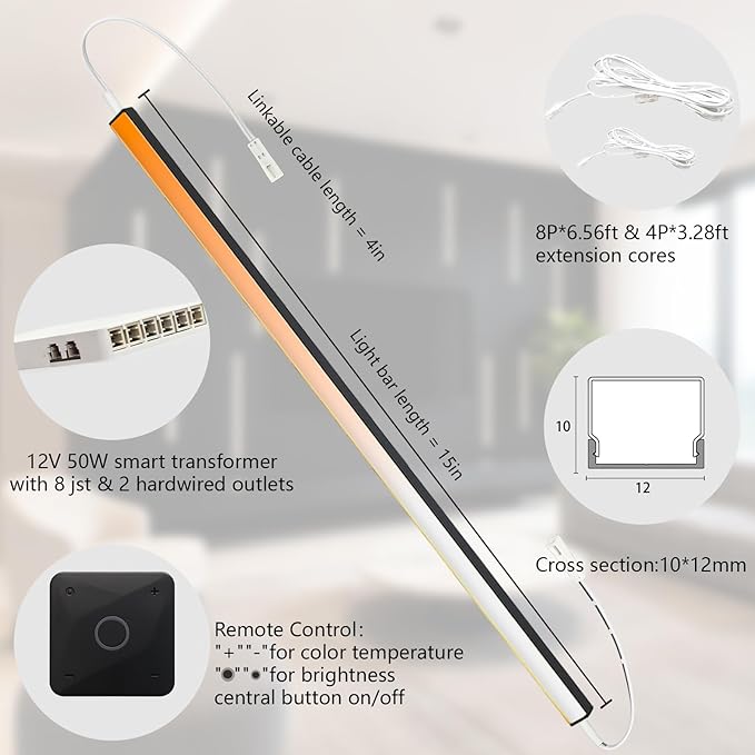 12Pcs 15‘’ Linkable CCT COB Recessed LED Light Bar Kit,2700K~6500K,with Rechargeable RF & Alexa Voice Control,for Wood Slat Wall Panel,Home Decor,Under Cabinet Strip Light,Black Channel