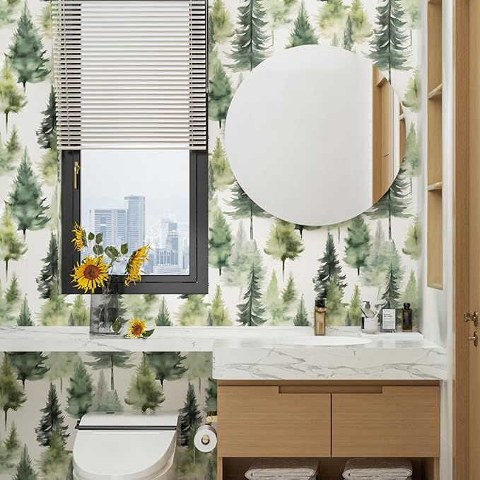 Misty Forest Wallpaper Peel and Stick Foggy Green/Yellow Pine Trees Contact Paper Waterproof Self-Adhesive Woodland Wall Paper for Bedroom Countertop Desk Cabinets Decor 17.4" x 118" Renter Friendly