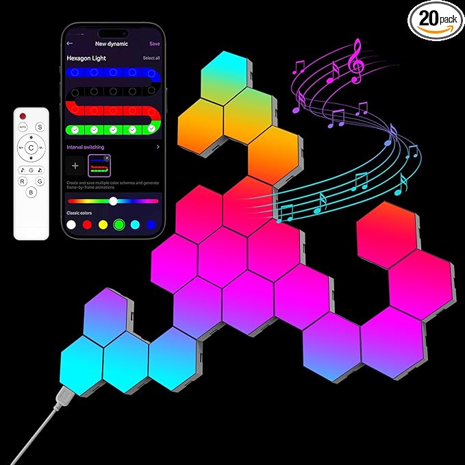 OJQ 20 Pack Hexagon Lights Wall RGB Panel - Hexagonal Led Lights Room Living Decor Wall Lights Birthday Decorations Gaming Equipment Honeycomb Shape Panels Hexagon Gaming Lights for Bedroom Children