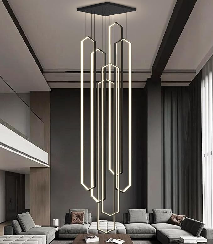 6 Rings Large Chandelier for Staircase Modern High Ceiling Chandelier LED Dimmable Chandeliers for Foyer Living Room Villa Black