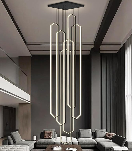 6 Rings Large Chandelier for Staircase Modern High Ceiling Chandelier LED Dimmable Chandeliers for Foyer Living Room Villa Black