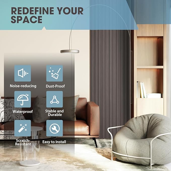 OUZUGIE WPC Acoustic Slat Wall Paneling, 8-Pack 114 x 6 Inches 3D Wall Panels for Interior Wall Decor,Living Room,TV Background,Study Room,Office Spaces,Bedroom,High Grille (Walnut)