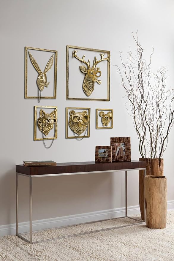 Newinhome 5 Pack Animal Heads Wall Decoration (Gift Metal Frame) Resin Animals Sculptures Head Wall Hanging Decor Gold vintage Wall Sculpture for Living Room Bedroom Office