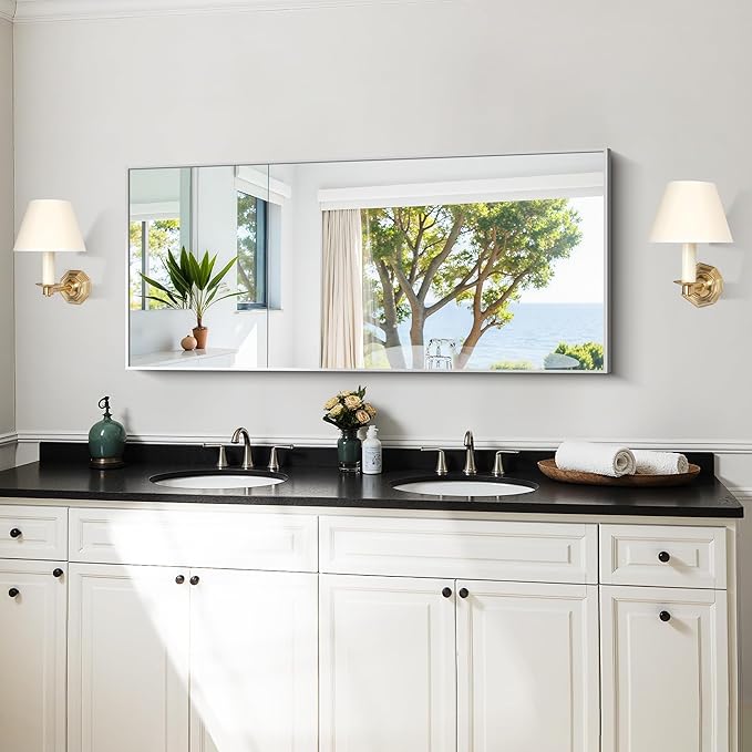 KOCUUY Silver Framed Mirror, 20"x48" Rectangle Bathroom Mirror for Wall, HD Tempered Glass, Anti-Rust Frame, Modern Design for Bathroom, Bedroom, Living Room, Entryway