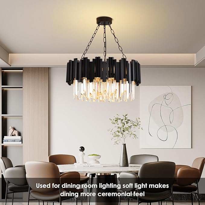 Black Crystal Chandelier Modern Crystal Chandelier for Dining Room Living Room 9-Light Round Contemporary Chandeliers Ceiling Hanging Pendant Light Fixture for Entryway Foyer Bedroom Staircase W22"