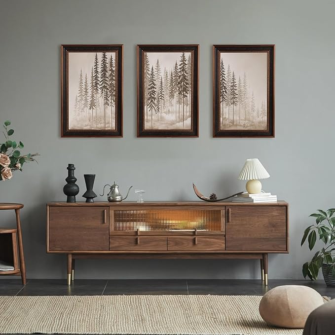 Large Vintage Foggy Forest Framed Canvas Wall Art,Modern Smoking Pine Tree Wall Decor,Natural Misty Landscape Artwork,Neutral Wilderness Scene Art Print for Living Room,Bedroom,Office-16"x24"x3