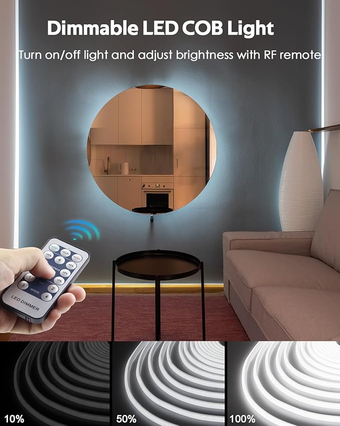 AC 110V~120V COB Led Strip Lights 100FT/30M White Led Rope Lights Outdoor Waterproof for Garden Patio Building Commerical Decor Dimmable Flexible Cob Lights with Remote Daylight White 6000k