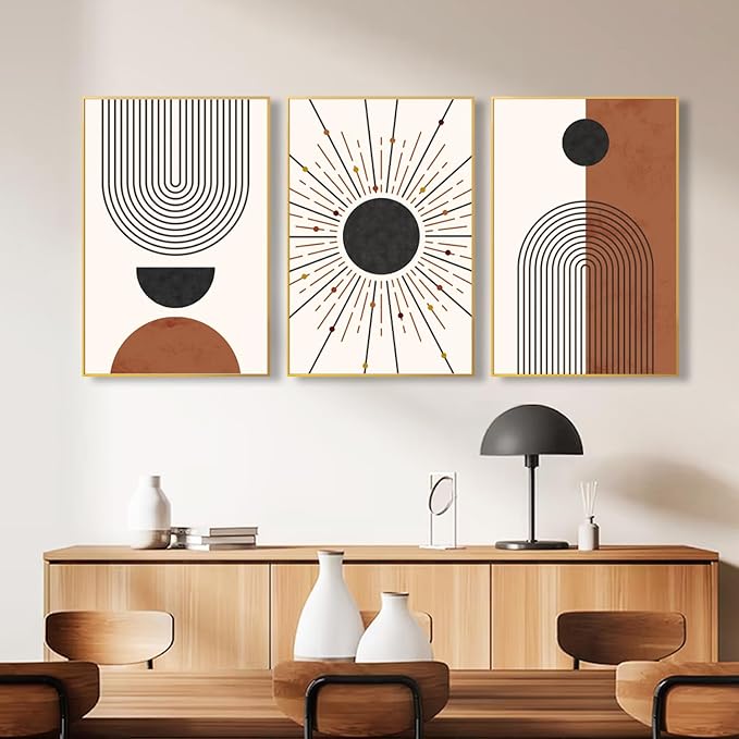 Minimalist Boho Framed Canvas Wall Art Set, Neutral Geometric Line Sun Wall Decor, Mid Century Wall Painting, Abstract Modern Bohemian Art Print for Living Room, Bedroom, Office -16"x24"x3