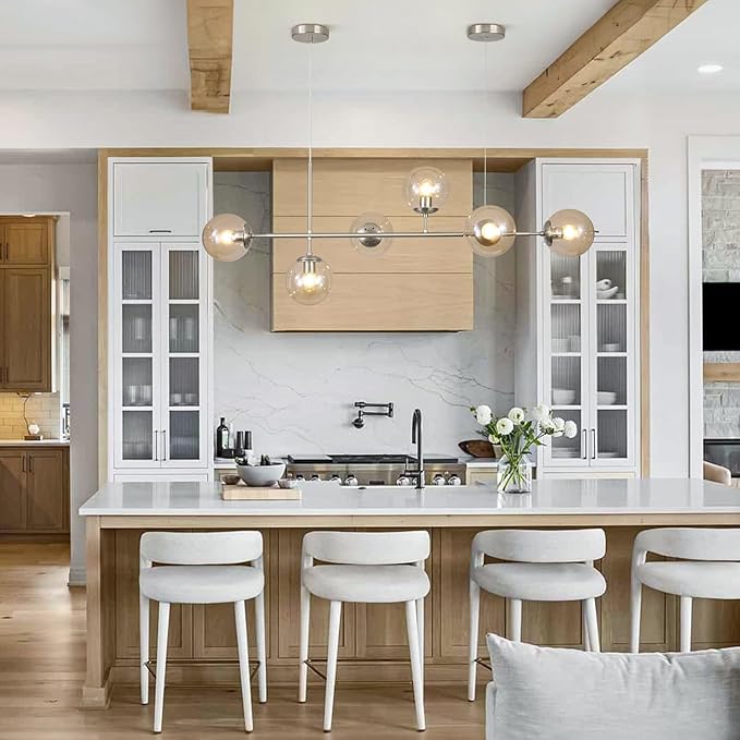 KCO Lighting Mid Century Modern Rectangle Light Fixture 6-Light Glass Globe Linear Chandelier Brushed Nickel Pendant Light Fixture Adjustable Kitchen Island Lighting (Silver+Amber)