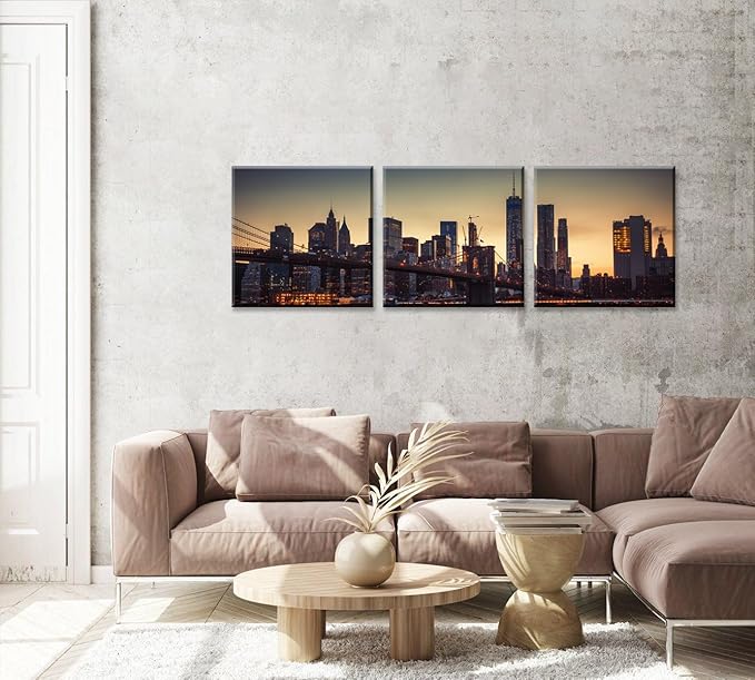 NAN Wind 3PCS Modern Urban Skyline Wall Art NYC-Inspired Twilight Cityscape Framed Canvas Prints Art Contemporary Manhattan Bridge Golden Sunset Skyscraper Canvas Pictures for Home Office Decor
