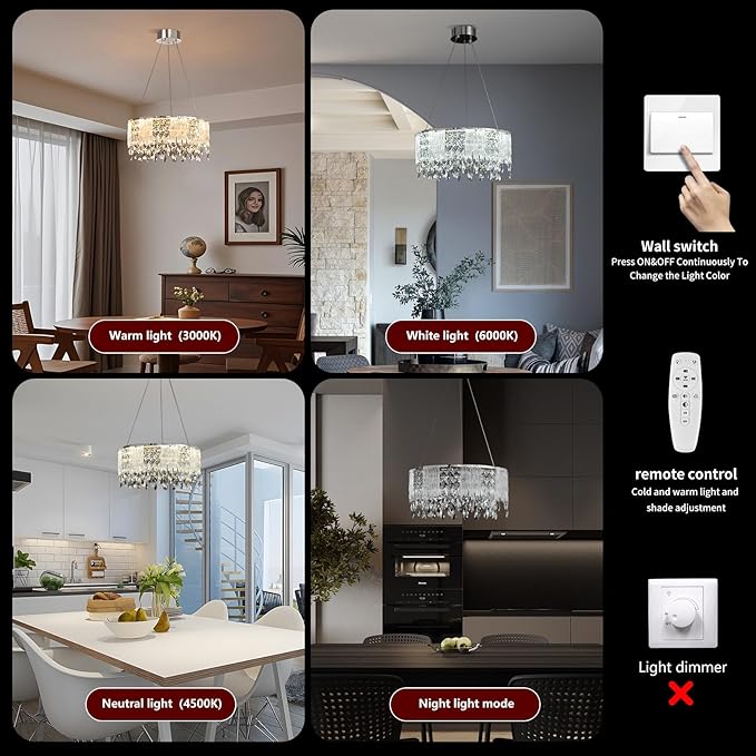 Modern Crystal Chandelier with Glass Panels, Dimmable LED Ceiling Light with Remote Control,Modern 20'' Round Chandeliers Lights Fixtures for Living Room, Dining Room, Bedroom