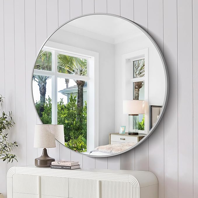KOCUUY 48" Large Silver Round Mirror, Oversized Wall Mounted Bathroom Metal Framed Circle Mirror, Modern Vanity Circular Mirrors for Wall, Over Sink, Living Room, Bedroom Decor