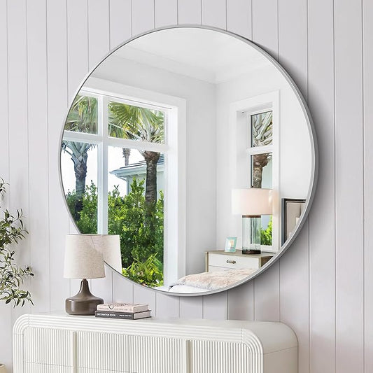 KOCUUY 48" Large Silver Round Mirror, Oversized Wall Mounted Bathroom Metal Framed Circle Mirror, Modern Vanity Circular Mirrors for Wall, Over Sink, Living Room, Bedroom Decor