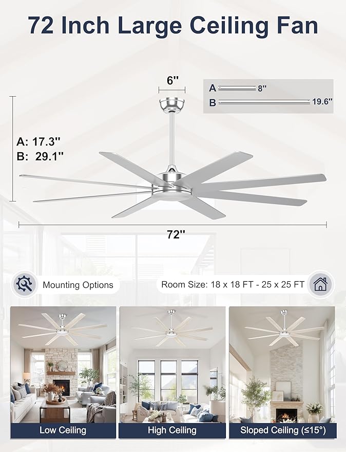 72'' Silver Ceiling Fans With No Lights, 8 Blades Large Ceiling Fan Remote/APP Control, Silent Shop Ceiling Fan for Garage Covered Outdoors
