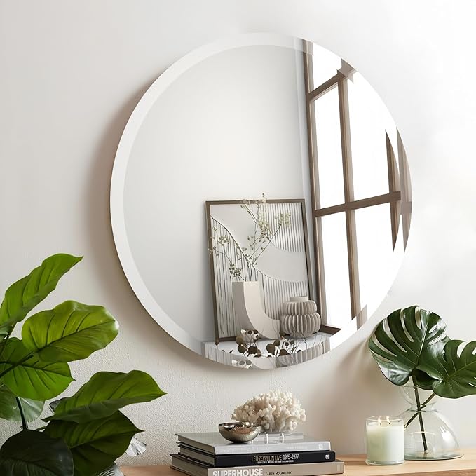 24 inch Beveled Bathroom Mirror, Frameless Round Mirror, 1" Polished Beveled Edge Circle Mirror for Bathroom, Living Room, Bedroom