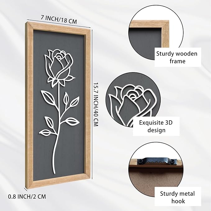 3D Wooden Floral Framed Wall Decor of 4, 7"X16" Farmhouse Vintage Boho Minimalist Flower Wall Art for Living Room, Rustic Retro Moody Vertical Tulip Rose Daisy Daffodil Botanical Wall Sculptures