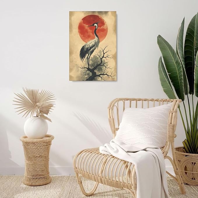 Japanese Crane Wall Art Oriental Asian Wall Decor Sandhill Crane Canvas Pictures Paintings Prints Japan Traditional Aesthetic Artwork Framed Chinese Decorations For Bedroom Living Room Office Gifts 16" x 24"