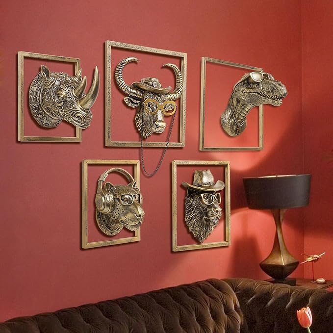 JJALIGHTS Exquisite Resin Animal Head Wall Sculpture (Gift Metal Frame) - Imitation Copper Vintage Decor for Living Room, Bedroom & Office | Decorative Wall Hanging Art (Dinosaur)