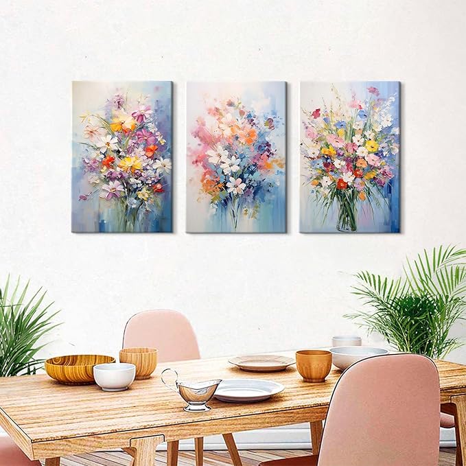 Colorful Flower Pictures Wall Decor Nature Wildflower Canvas Art for Bedroom Abstract Botanical Floral Oil Painting Prints Artwork Daisy Poppy Bouquet Poster Living Room Home Decorations 20x30” 3 Pcs