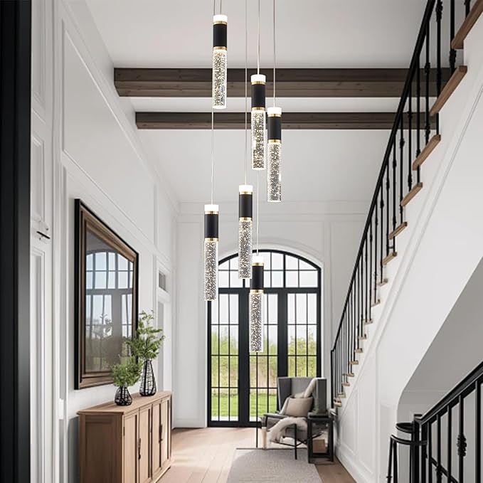 6-Lights Led Chandelier, Black and Gold Crystal Modern Led Chandelier for Dining Room, Luxury Dimmable Enterway Led Pendant Lights Fixture with Remote Control Flush Mount