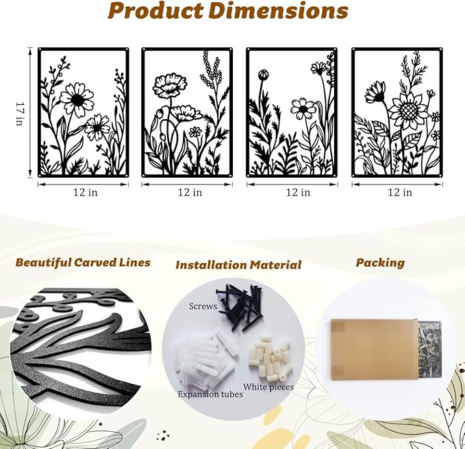 Metal Flowers Wall Décor Minimalist Metal Wall Art for Living Room Bedroom Bathroom, Black Abstract Flowers Line Hanging Art 3D Textured Wall Sculptures 4 Pcs