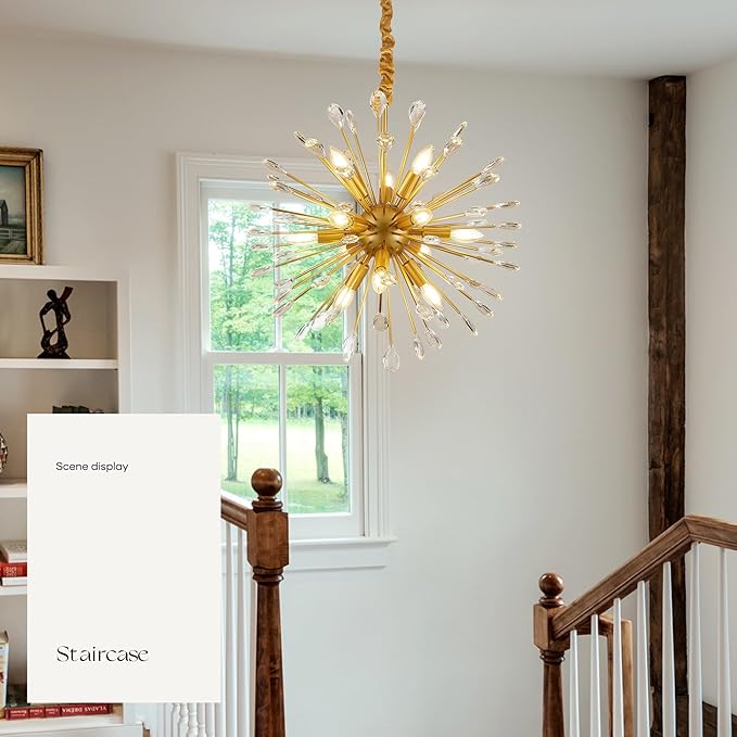 12-Light Gold Sputnik Chandeliers, 24" Starburst Firework Pendant Light fixtures, Mid-Century Modern Satellite Ceiling Lights for Dining Room, Kitchen, Bedroom, Living Room, E12