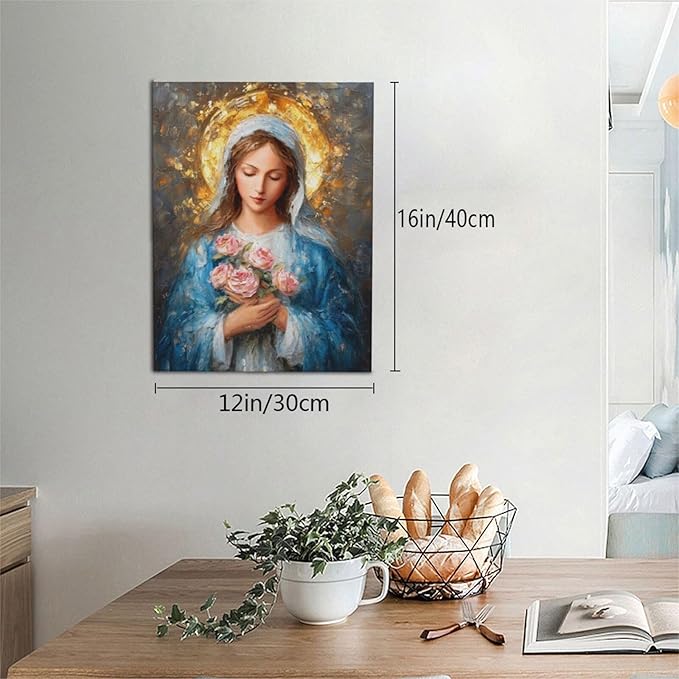 Christian Mary Wall Art Mary Mother Of God Canvas Wall Decor Catholic Blessed Mother with Roses Pictures Christ Paintings Prints Religious Bible Artwork Framed Decorations For Church Prayer Room Chapel Bathroom Bedroom Living Room Gifts 12" x 16"