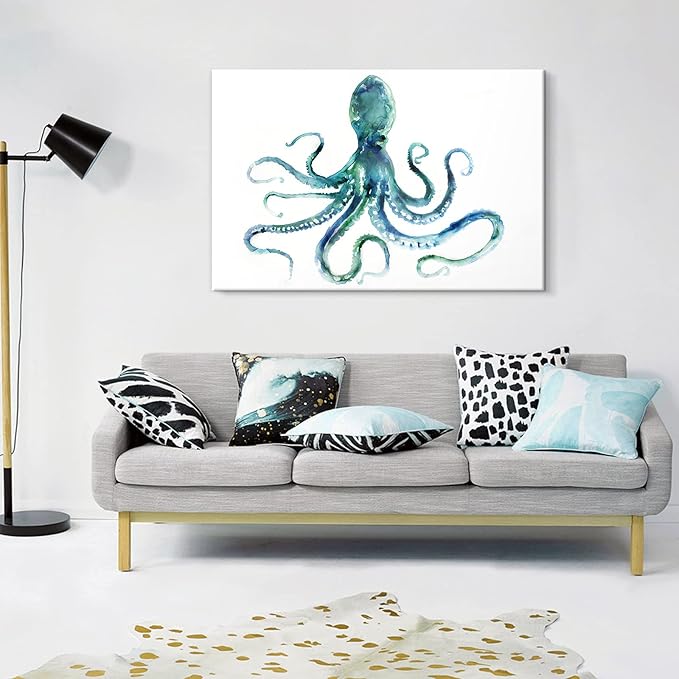 Blue Octopus Canvas Wall Art by Edward Selkirk Coastal Wall Decor Nautical Ocean Animal Watercolor Marine life Sea Picture Framed Large Size Artwork for Living Room Bedroom Home Decoration 48x32 Inch