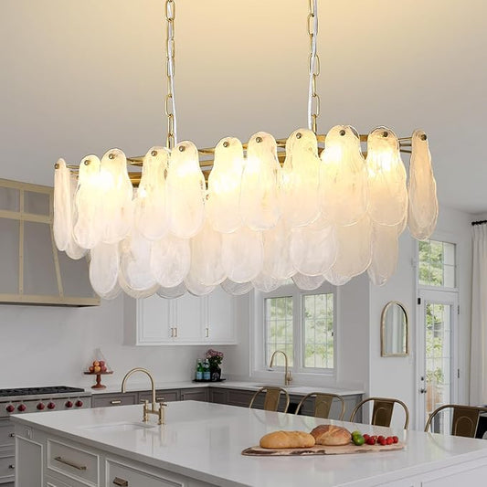 Modern Glass Chandelier 8-Light Rectangle Gold Brass Chandelier Luxury Oval 2-Tiers Crystal Cloud Glass Pendant Ceiling Light for Dining Room Living Room Kitchen Island L31.5'' (E12)