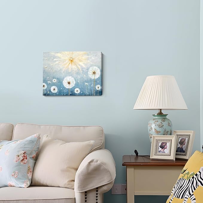 Nicetop Floral Canvas Wall Art – Blue Botanical Dandelion Picture, Inspirational Nature Art Print Wildflower Artwork for Bathroom Bedroom Office or Small Living Room, Rustic Decor16x12 Inch