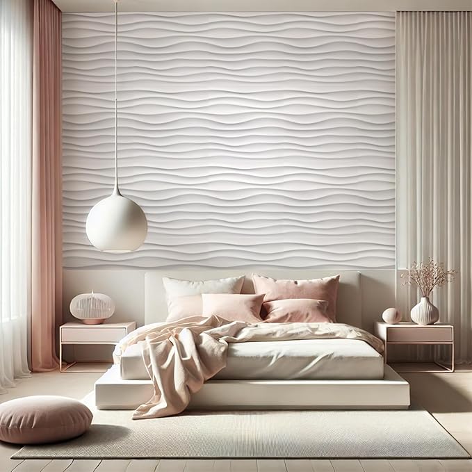Chunful 30 Pcs 28.81 Sq ft 3D Wall Panels PVC Wave Design,11.8" x 11.8" Wall Panels Brick Wallpaper Waterproof for Interior Living Room Bedroom Decor(White)